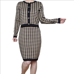 Set Knit dress Cardigan 2 Piece Houndstooth pattern Neutral TAYLOR NWT